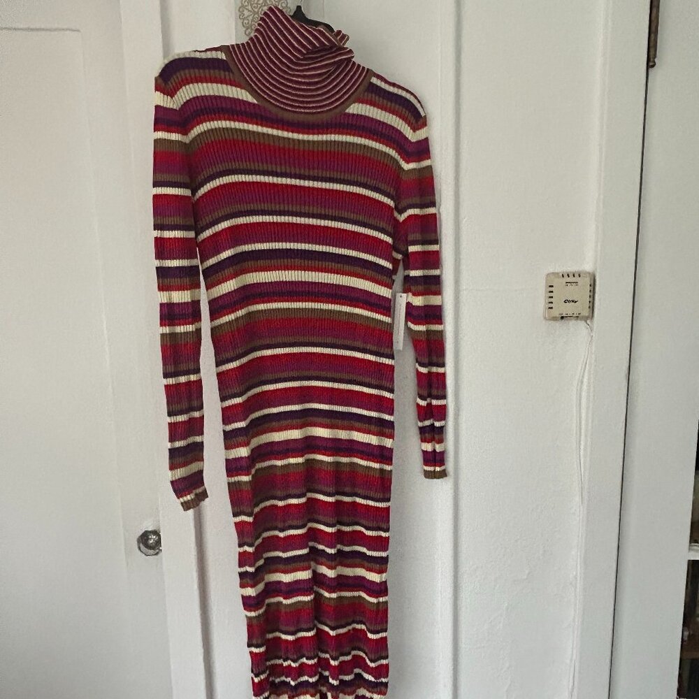 Lisa Says Gah Hibiscus Stripe Virgine Long Sleeve Ribbed Turtleneck Midi Dress